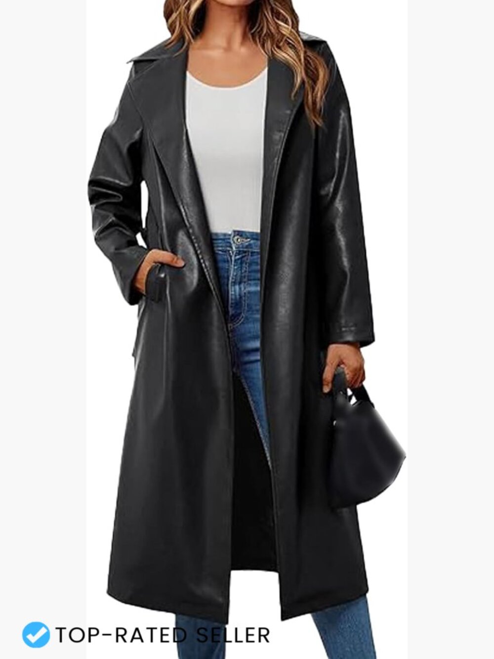 Faux Leather Trench Coat Notched Lapel Open Front Belted Maxi Jacket Loose Fit